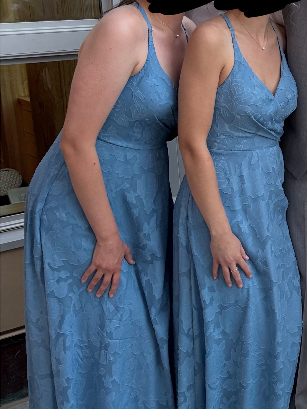 Blue Floral Lace V-Neck Bridesmaid Dress
